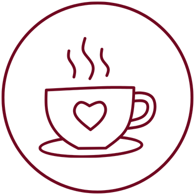 Einfache Strichzeichnung einer dampfenden Kaffeetasse mit einem Herz darauf, die auf einer Untertasse steht und von einem kreisförmigen Rahmen umgeben ist – ideal, um dem Branding einer Hochzeitsfotografin aus Gießen oder einer Fotografin aus Gießen eine persönliche Note zu verleihen.