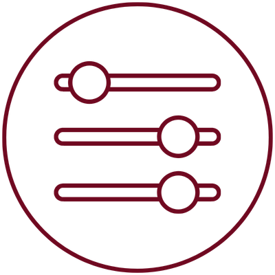 Symbol mit drei horizontalen Schiebereglern mit runden Griffen in einem burgunderroten Kreis, das Einstellungen oder Steuerelemente darstellt – ideal für die Website oder das Portfolio einer Hochzeitsfotografin aus Gießen, die ihre fotografischen Dienstleistungen mit Schwerpunkt auf individueller Gestaltung und professionellen Optionen präsentiert.